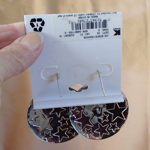 Joe Boxer Celestial Stars New Round Large Disc Earrings Black Silver NWT - Picture 6 of 8